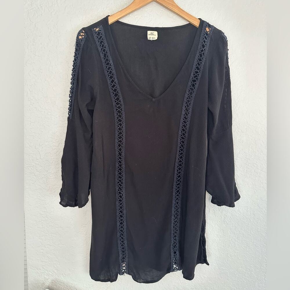 O’Neill Black Crochet Coverup Mini Dress Beachy Boho Viscose Sheer Vacation